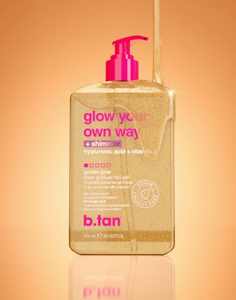 B.tan – Glow your own way shimmer 473ml, Διαφανές Self tan gel μαυρίσματος με shimmer