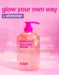 B.tan – Glow your own way shimmer 473ml, Διαφανές Self tan gel μαυρίσματος με shimmer