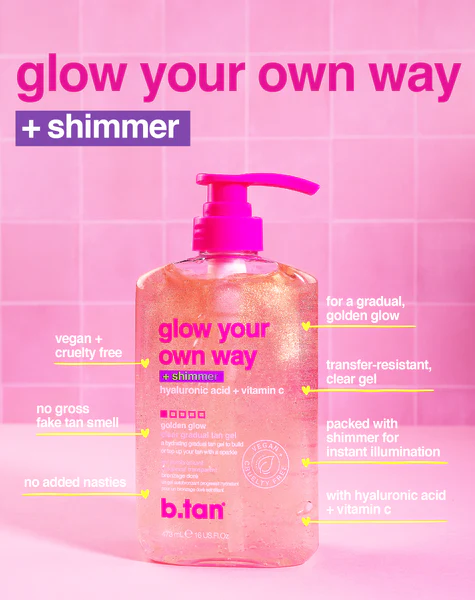 B.tan – Glow your own way shimmer 473ml, Διαφανές Self tan gel μαυρίσματος με shimmer