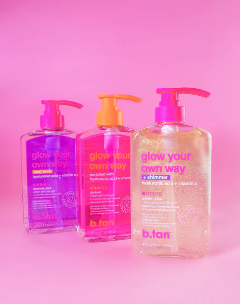 B.tan – Glow your own way shimmer 473ml, Διαφανές Self tan gel μαυρίσματος με shimmer